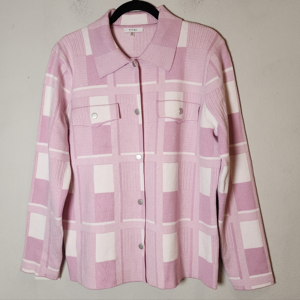 Sioni Lavender Plaid Snap-Button Front Knit Cardigan Sweater Size XL Pink Purple